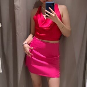 Zara Satin Set Pink Hot Fuschia Cowl Top Blouse Skirt Dress Matching Coord